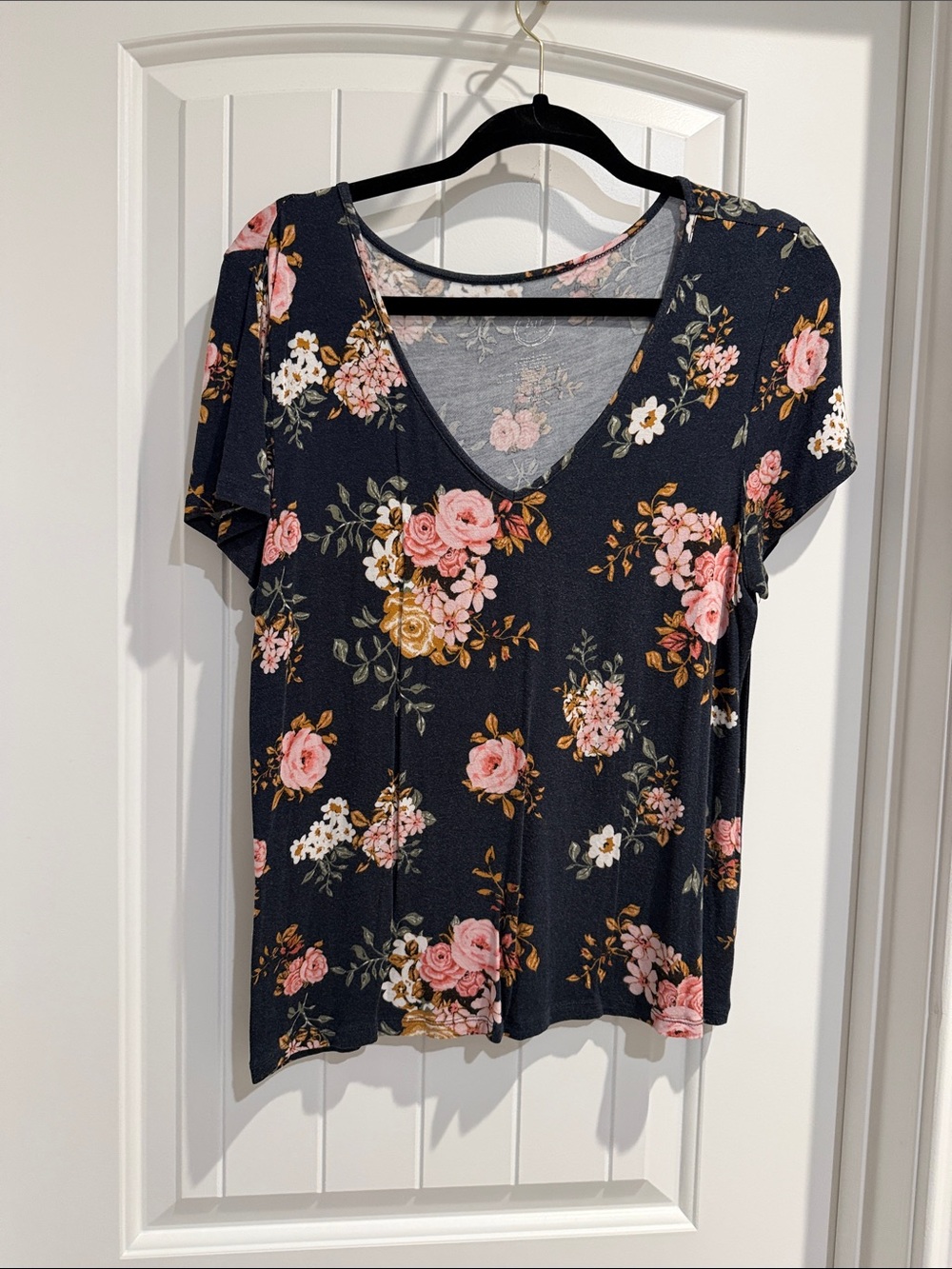Women’s V-Neck Short Sleeve Tee - Black with Pink Floral Print